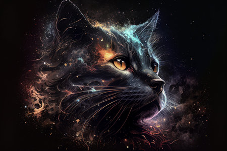 Cat and the galaxy. Cat and Nebula Heaven. Magical elements of the Universe and a cat. Art illustrationの写真素材