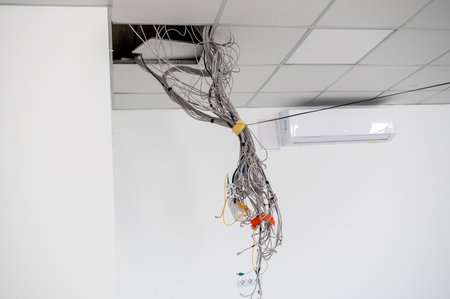 Electrical wires hanging from the ceiling. Cables hanging from the ceiling of the room. Building under construction. Work in progress.の写真素材