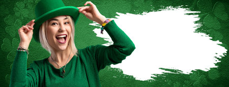 St. Patricks Day woman. Beautiful smiling woman wearing green hat. St Patrick's day background with...