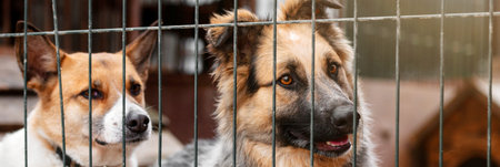 Stray dog in animal shelter waiting for adoption. Portrait of homeless dog in animal shelter cage....