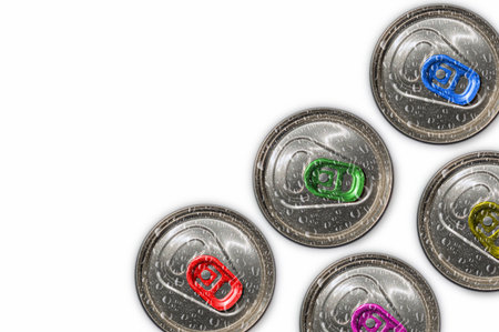 Tops of soda cans. Aluminum cans of soda background. View from the topの写真素材
