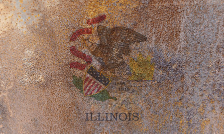 Illinois State Flag. Dirty Illinois state flag on rusty metal surface. Rusty metal textureの写真素材