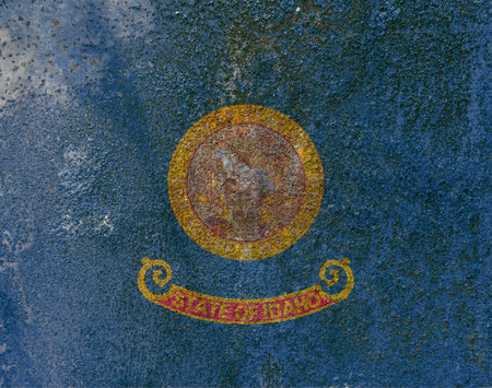 Idaho State Flag. Dirty Idaho state flag on rusty metal surface. Rusty metal textureの写真素材