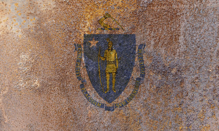 Dirty Massachusetts state flag on rusty metal surface. Rusty metal textureの写真素材