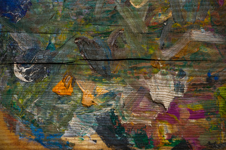 Wooden surface with colorful abstract designs. Background for banner, backdropの写真素材