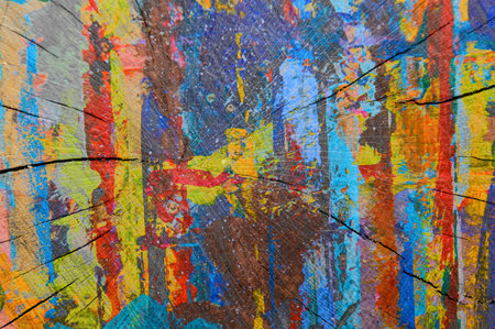 Wooden surface with colorful abstract designs. Background for banner, backdropの写真素材