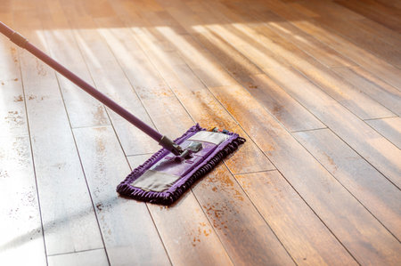 Mop washing a wooden floor in an apartment. Concept of care for the cleanliness of the apartment....