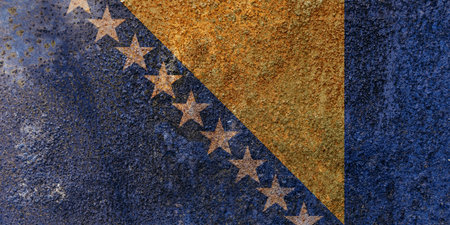Bosnia and Herzegovina State Flag. Dirty Bosnia and Herzegovina flag on metal surface. Metal textureの写真素材