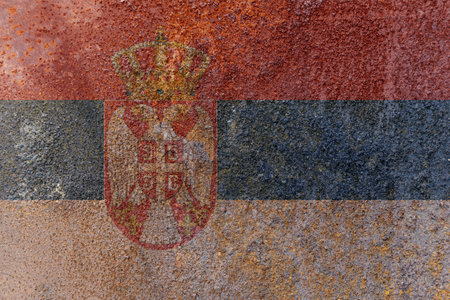 Serbia State Flag. Dirty Serbia flag on metal surface. Metal textureの写真素材