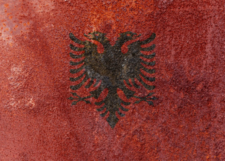 Albania State Flag. Dirty Albania flag on metal surface. Metal textureの写真素材