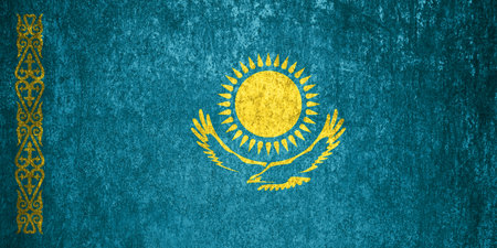 Kazakhstan State Flag. Dirty Kazakhstan flag on metal surface. Metal textureの写真素材