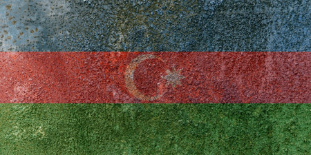Azerbaijan State Flag. Dirty Azerbaijan flag on metal surface. Metal textureの写真素材