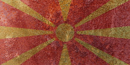 North Macedonia State Flag. Dirty North Macedonia flag on metal surface. Metal textureの写真素材