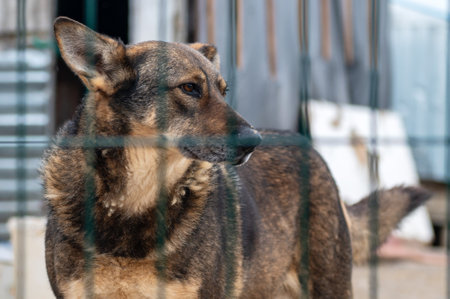 Dog in animal shelter. Homeless sad dog in a cage. Dog waiting for adoptionの写真素材