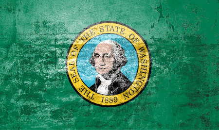 Washington State Flag. Dirty Washington state flag on the wall. Grunge wall textureの写真素材