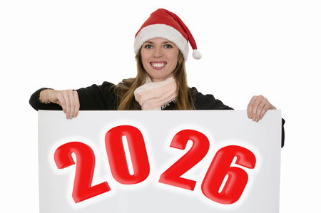 Young woman wearing a Santa hat holding sheet of paper. Girl celebrating Christmas with copy space