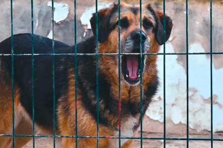Dog at the shelter. Stray homeless dog in animal shelter cage. Sad dog behind barsの写真素材