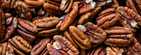 Pecan nuts. Close up of pecan nuts background. Healthy food concept. Top viewの写真素材