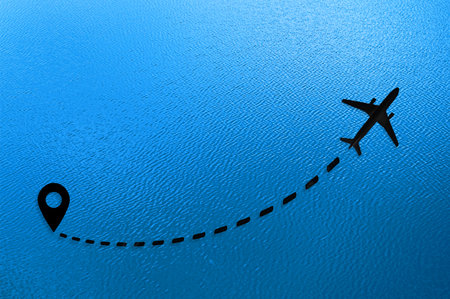 Travel destination concept. Dashed route with dots for destination on blue background.. Line with plane icon for travelの写真素材