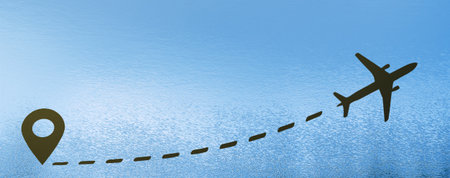 Travel destination concept. Dashed route with dots for destination on blue background.. Line with plane icon for travelの写真素材