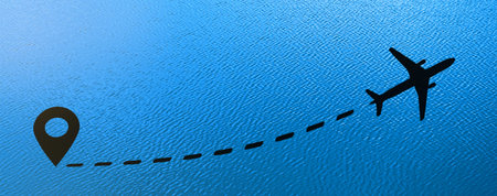 Travel destination concept. Dashed route with dots for destination on blue background.. Line with...