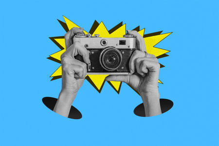 Woman taking retro photos. Digital collage with female hands holding vintage camera. Pop art design. Concept of social mediaの写真素材