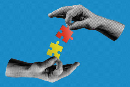 Halftone collage human hands connecting puzzle together. Business success and idea concept