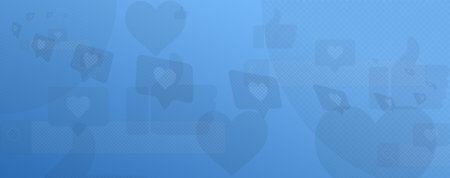 Trendy blue social media background with likes and hearts. Communication concept on blue background