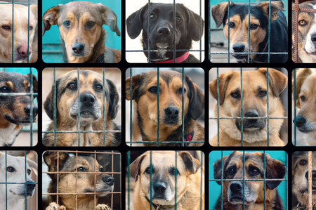 Collage of large group of homeless dogs in animal shelter. Composite portrait image of stray dogs