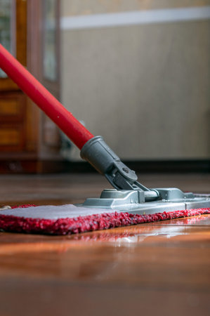 Mop washing a wooden floor in an apartment. Concept of care for the cleanliness of the apartment....