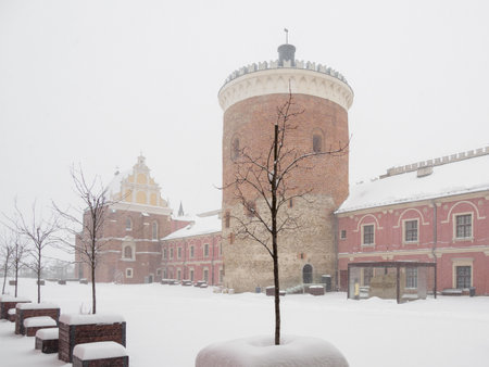 castle courtyard covered with fresh snow.のeditorial素材