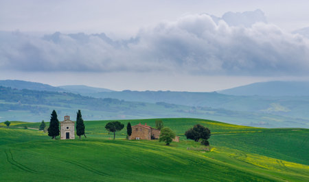 view of the green hills of Tuscany, Val D'orcia valley.の写真素材