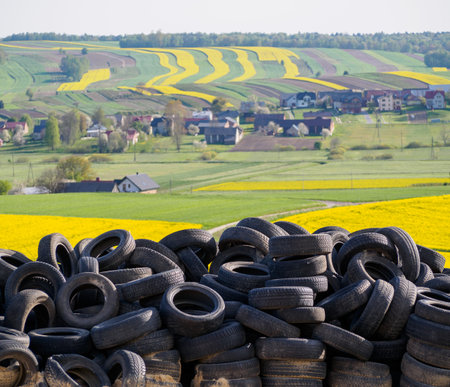 Pile of old tires on the field with yellow rapeseed flowersのeditorial素材