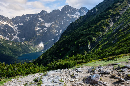Mountain landscape with a view of the panorama of the peaks of the Tatra National Park, mountains valley with Morskie Oko In the foreground: a footpathの写真素材