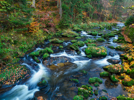 Waterfall in Karkonosze National Park. Mountain river "Kamienna" in autumn.の写真素材