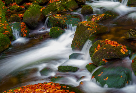 Waterfall in Karkonosze National Park. Mountain stream "Szklarka" in autumn.の写真素材