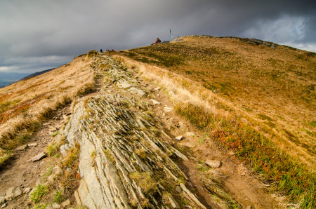 Autumn in the mountains. "Chatka Puchatka" mountain shelter in Polonina WetliÅska. Tourist hiking trailAutumn in the mountains.のeditorial素材