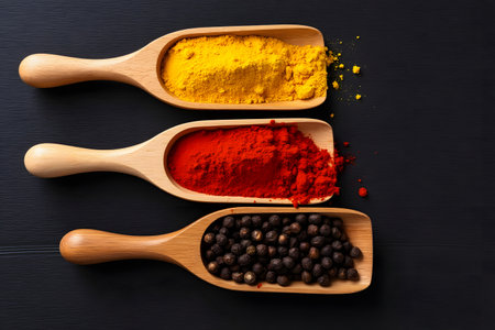 Spices in wooden spoons on black background. Top view.の素材