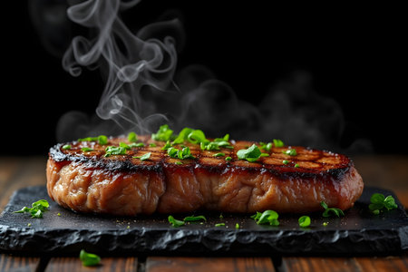 Grilled beef steak with microgreens and smoke on black backgroundの素材