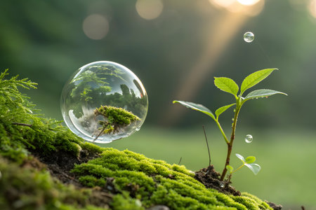 Transparent glass ball with green plant growing on moss in forest.の素材