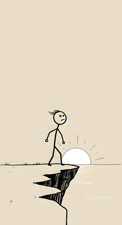Cartoon stick figure drawing conceptual illustration of man running away from sun.の素材