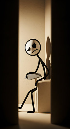 Stick figure with a smiley face on a white wall.の素材
