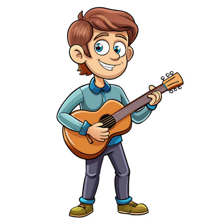 Boy playing guitar on white background vector illustration. Cartoon boy playing guitar.の素材
