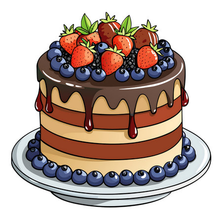 Illustration of a chocolate cake with strawberries and blueberries on a white backgroundの素材