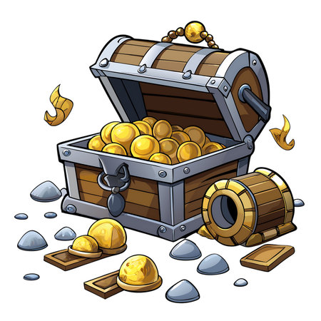 Treasure chest full of gold coins and gold bars. Vector illustration.の素材