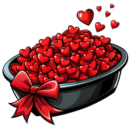 Illustration of a bowl full of red hearts with a red bowの素材