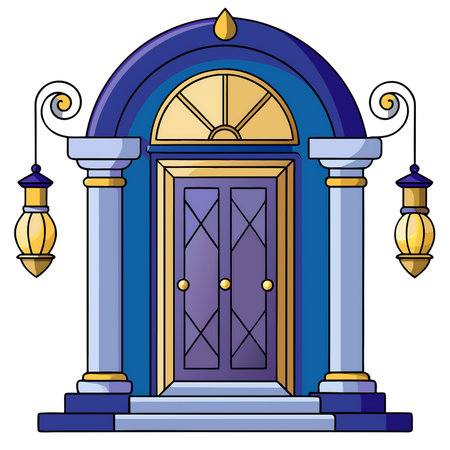 Vector illustration of a blue wooden door with a lantern in the middleの素材