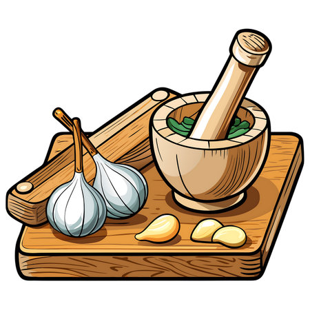 Mortar and pestle with garlic on wooden board. Vector illustration.の素材