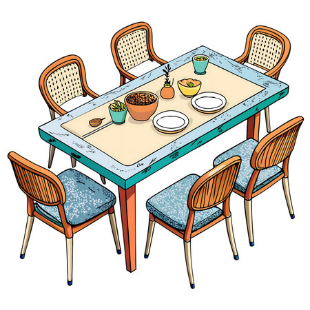 Vector hand drawn illustration of a cafe table with chairs and food.の素材