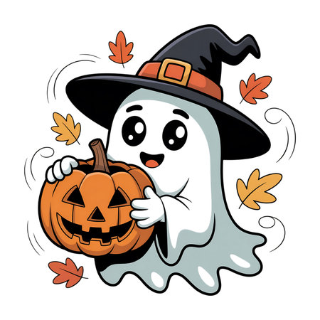 Cute ghost holding a pumpkin. Vector illustration on white background.の素材